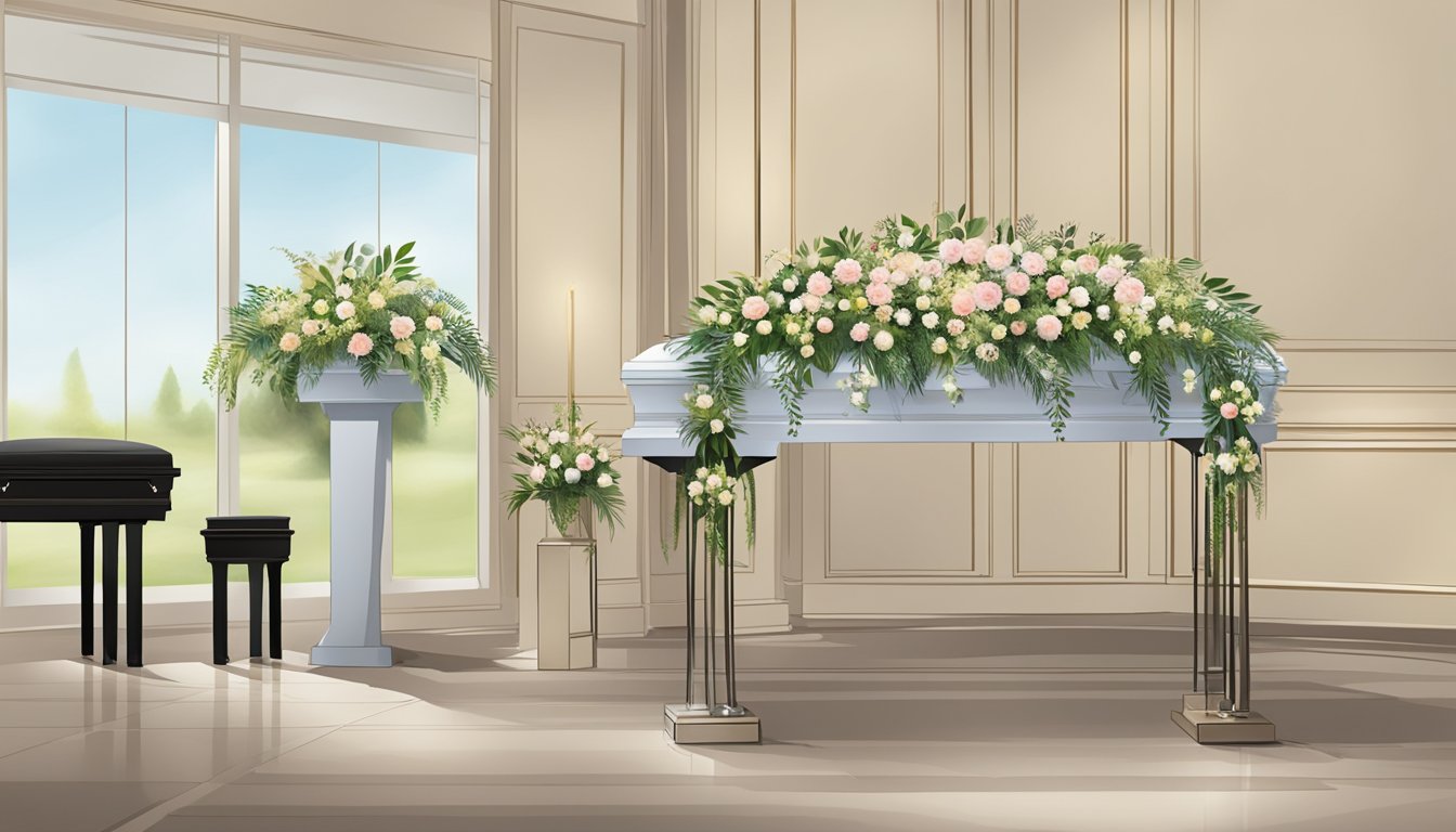 A serene funeral setting with floral arrangements, a casket, and a memorial table displaying various final resting choices