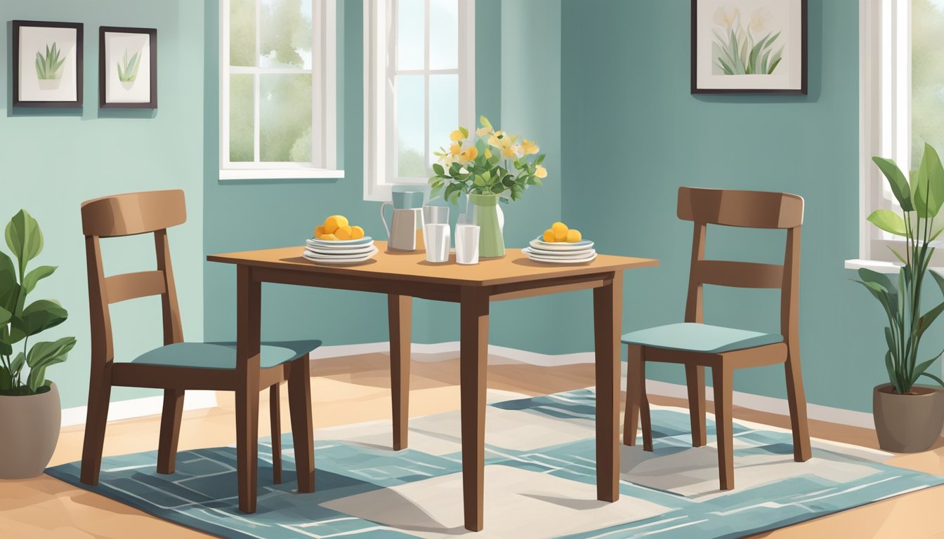 A small dining table set with two chairs in a cozy, compact space. The table is neatly set with plates, utensils, and a centerpiece