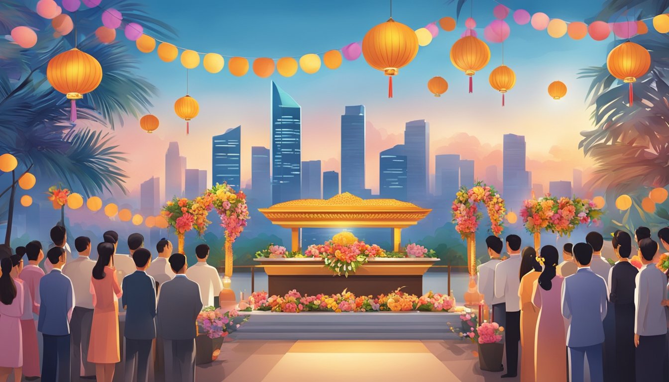 A vibrant scene of a traditional Singaporean funeral ceremony with colorful decorations and offerings, set against a backdrop of modern cityscape