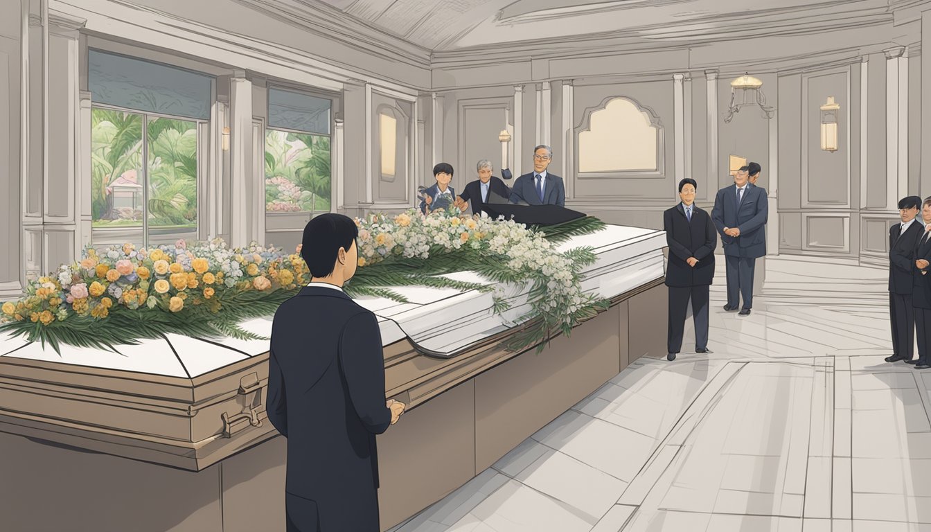 A funeral cost inquiry in Singapore, with a price list and a person seeking information from a funeral director
