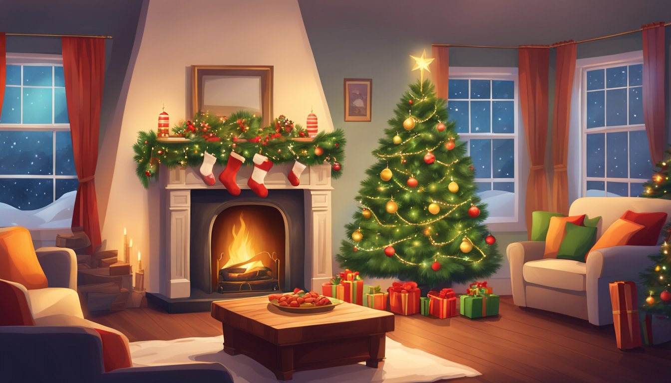 A cozy living room with a crackling fireplace, a decorated Christmas tree, stockings hung by the chimney, and a table set for a festive holiday meal