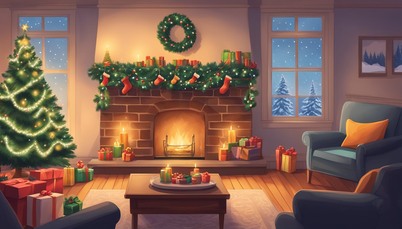 A cozy living room with a crackling fireplace, a twinkling Christmas tree, and stockings hung by the chimney with care
