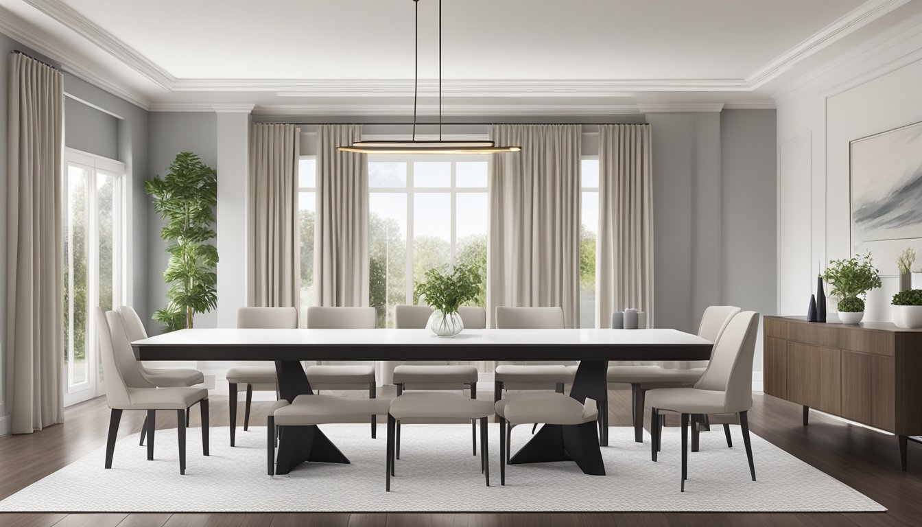A spacious dining table, large enough to comfortably seat six to eight people, with a sleek and modern design, positioned in a well-lit and airy dining room