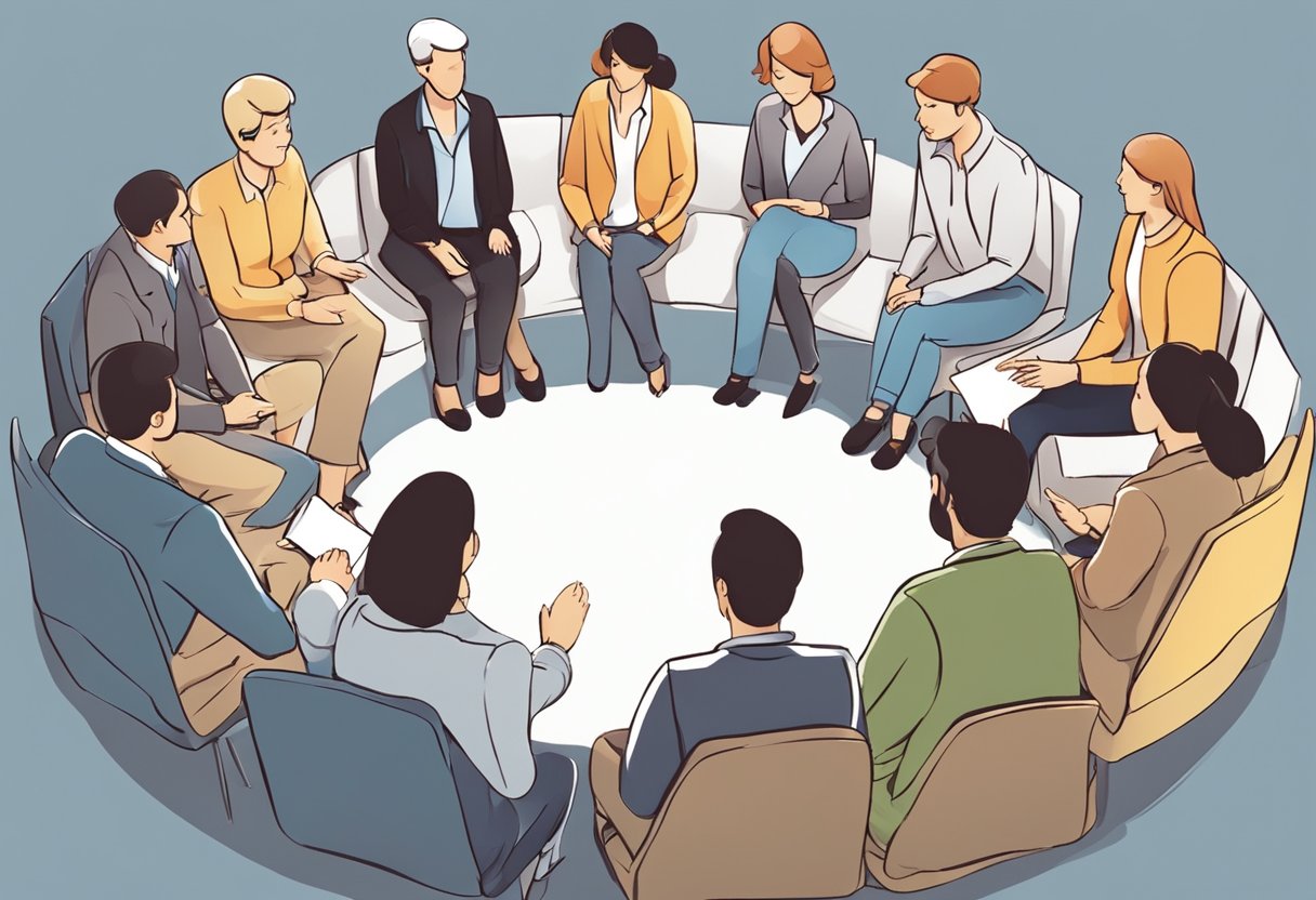 A group of people giving and receiving feedback in a circle, engaged in conversation and sharing ideas