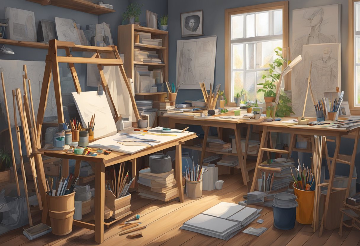 An artist's studio with various technical resources such as easels, drawing mannequins, and reference books scattered around