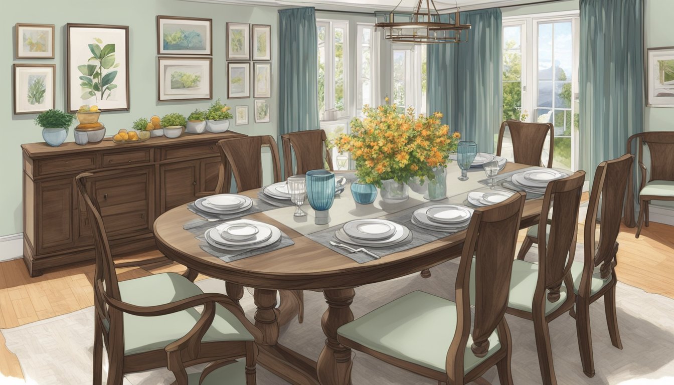 A dining room with a spacious table, comfortably fitting six chairs, and leaving enough room for movement
