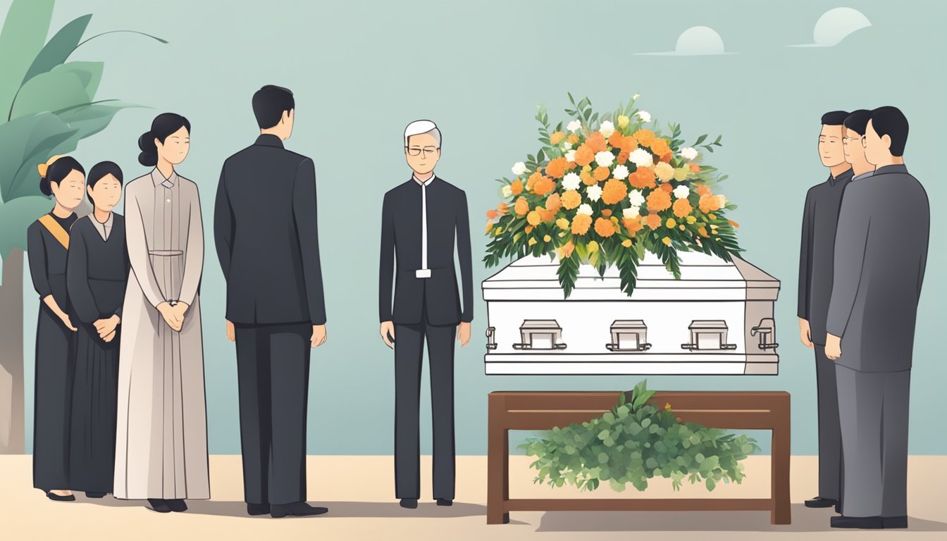 A simple funeral scene in Singapore, with a modest casket, floral arrangements, and mourners gathered in a serene, respectful setting