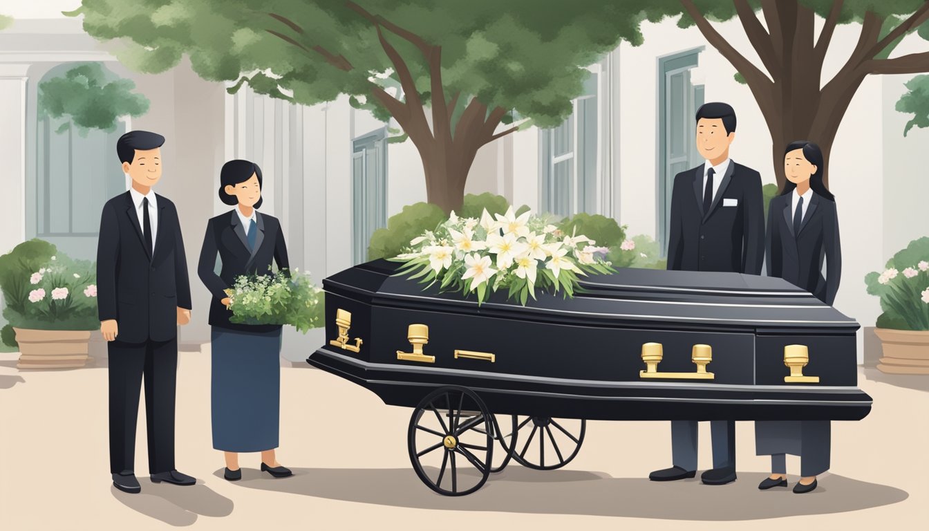 A simple funeral scene in Singapore with a casket, flowers, and funeral director discussing costs with a family