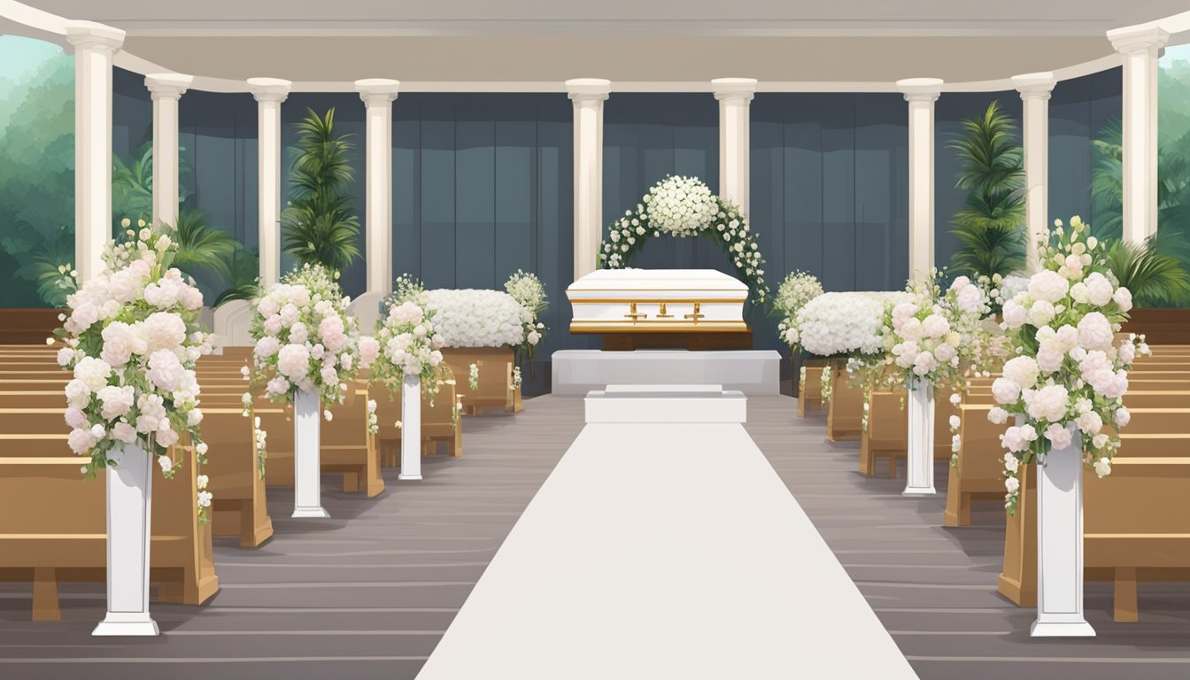 A funeral service setup with caskets, urns, flowers, and ceremonial items. A price list for simple funeral packages in Singapore displayed prominently