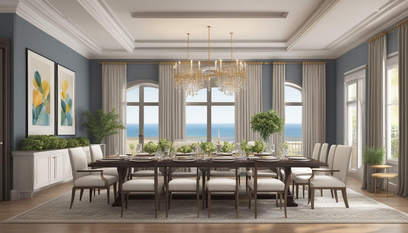 A spacious dining table, approximately 6-8 feet long, is surrounded by comfortable chairs. The table is set with elegant place settings and a centerpiece, with ample space for serving dishes