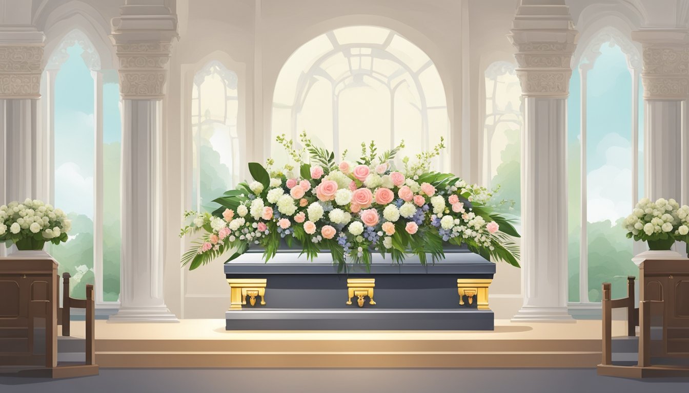 A simple funeral arrangement in Singapore is depicted with a casket, flowers, and a serene atmosphere