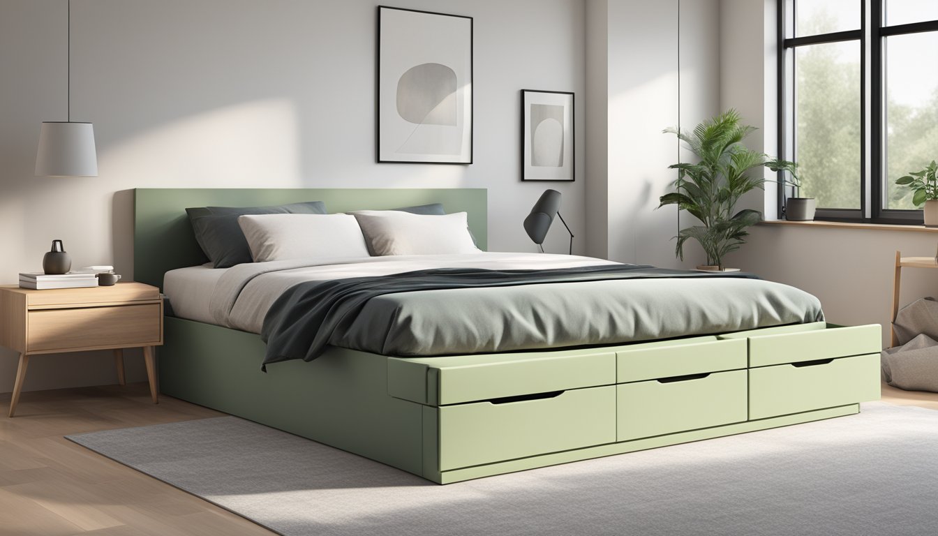 A storage bed frame without a headboard stands against a plain wall in a minimalist bedroom. The frame has built-in drawers for storage underneath