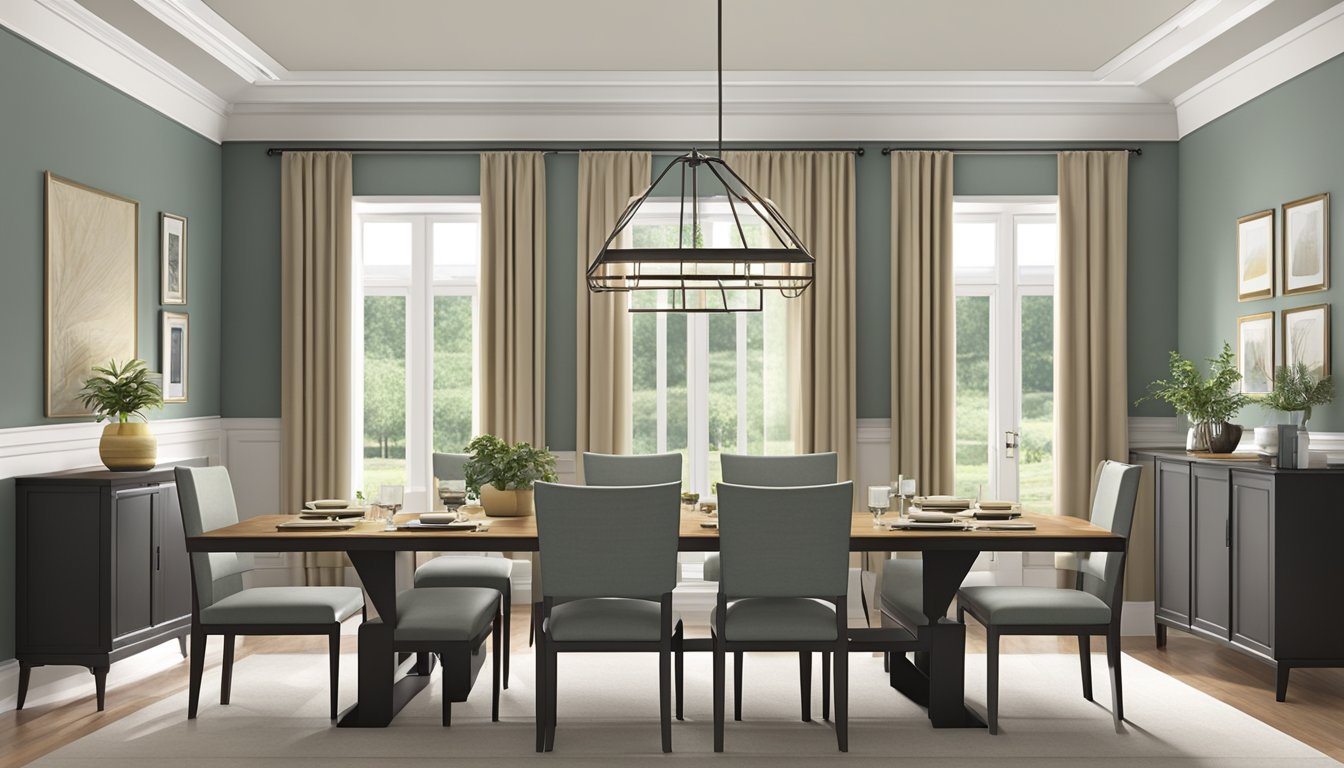 A spacious dining room with a large table, comfortably seating 6-8 people. The table is the focal point, with ample space for place settings and serving dishes