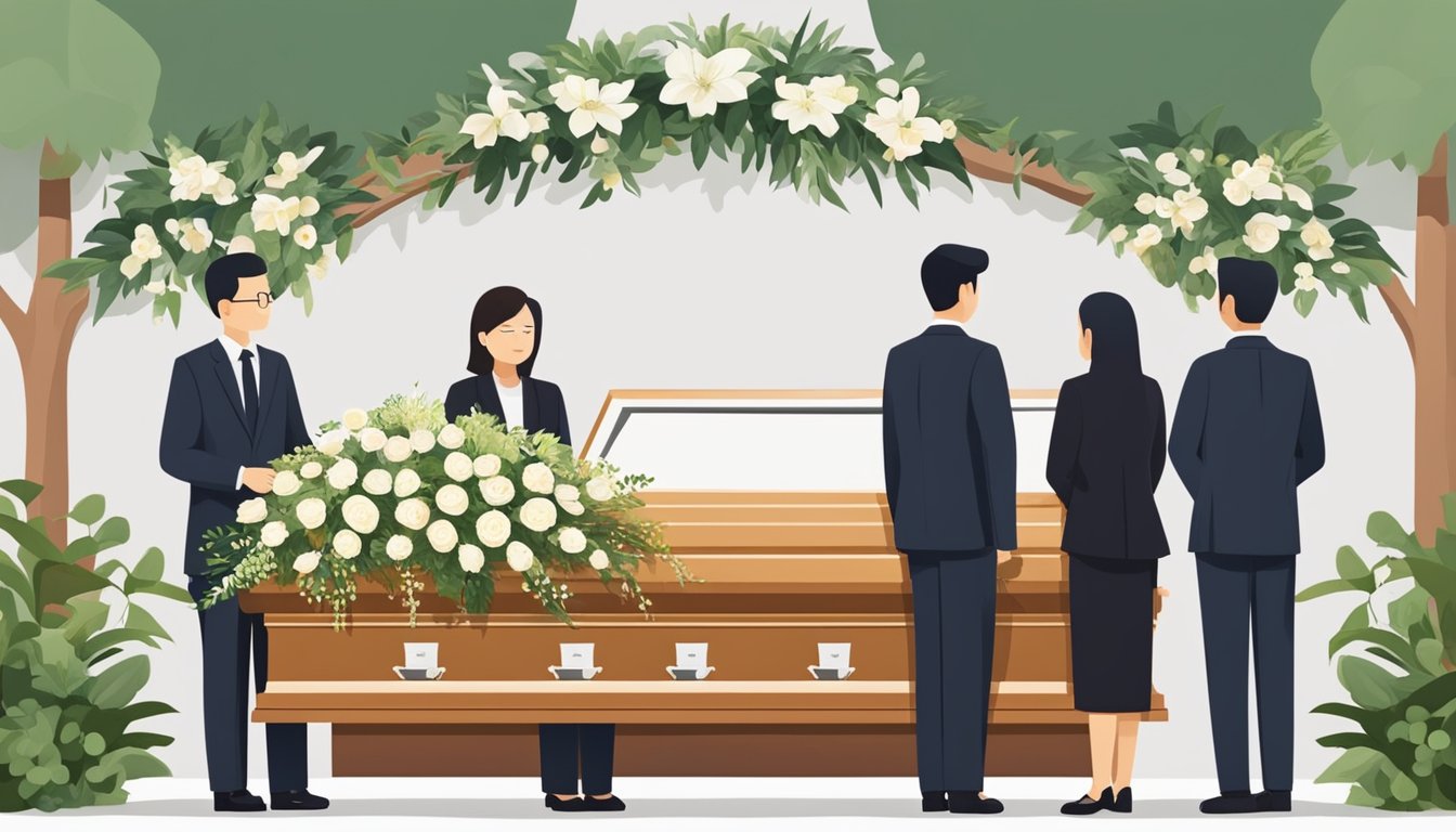 A simple funeral scene in Singapore, with a casket, floral arrangements, and mourners. A funeral director discussing costs with the family
