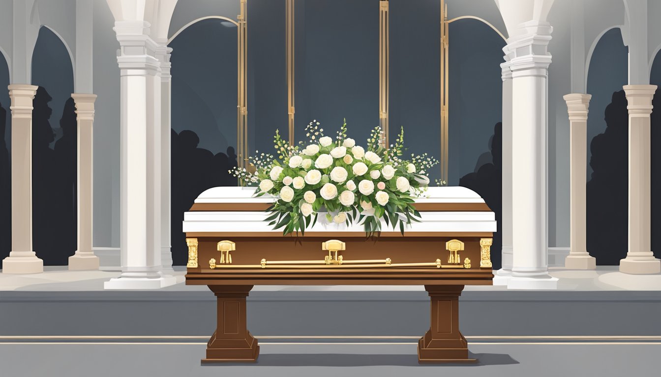 A simple funeral scene in Singapore with traditional elements and modern touches, including floral arrangements, incense, and a simple casket