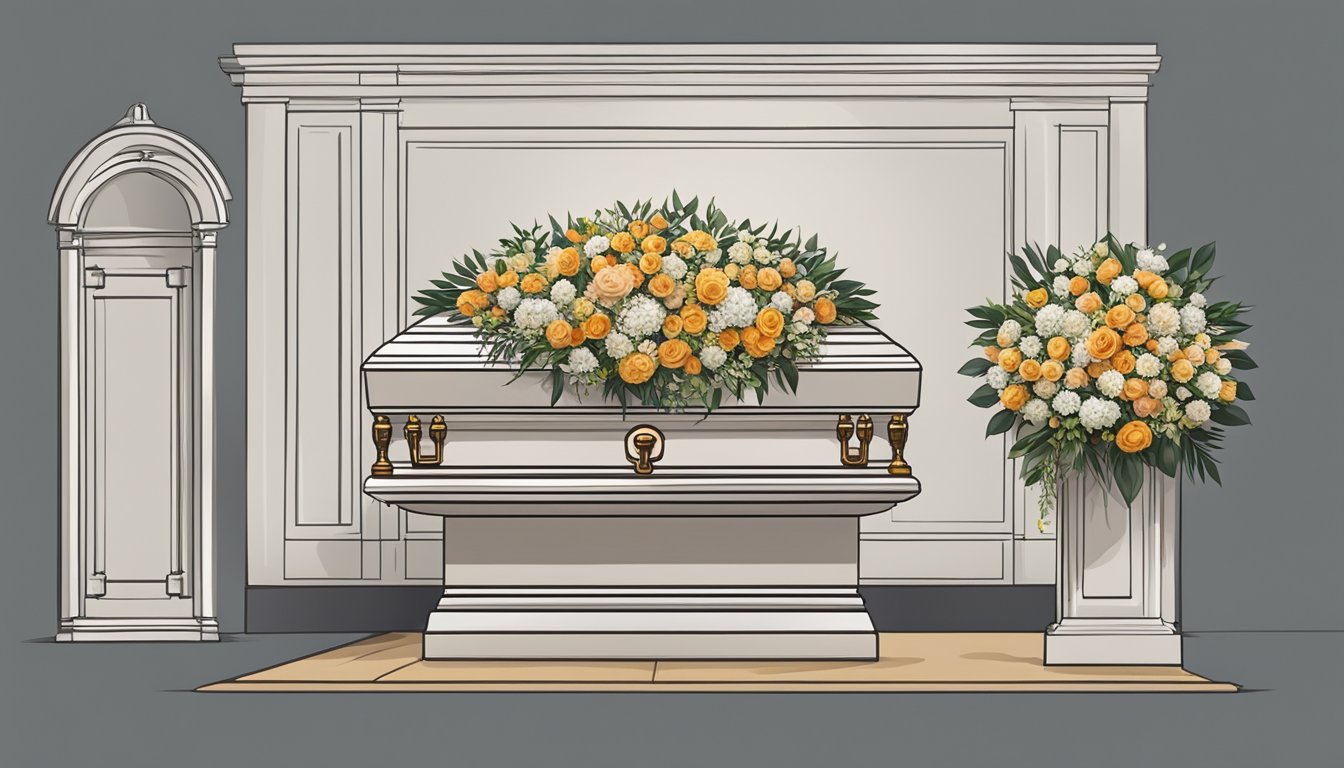 A simple funeral cost scene in Singapore: funeral home, casket, flowers, and a price list displayed