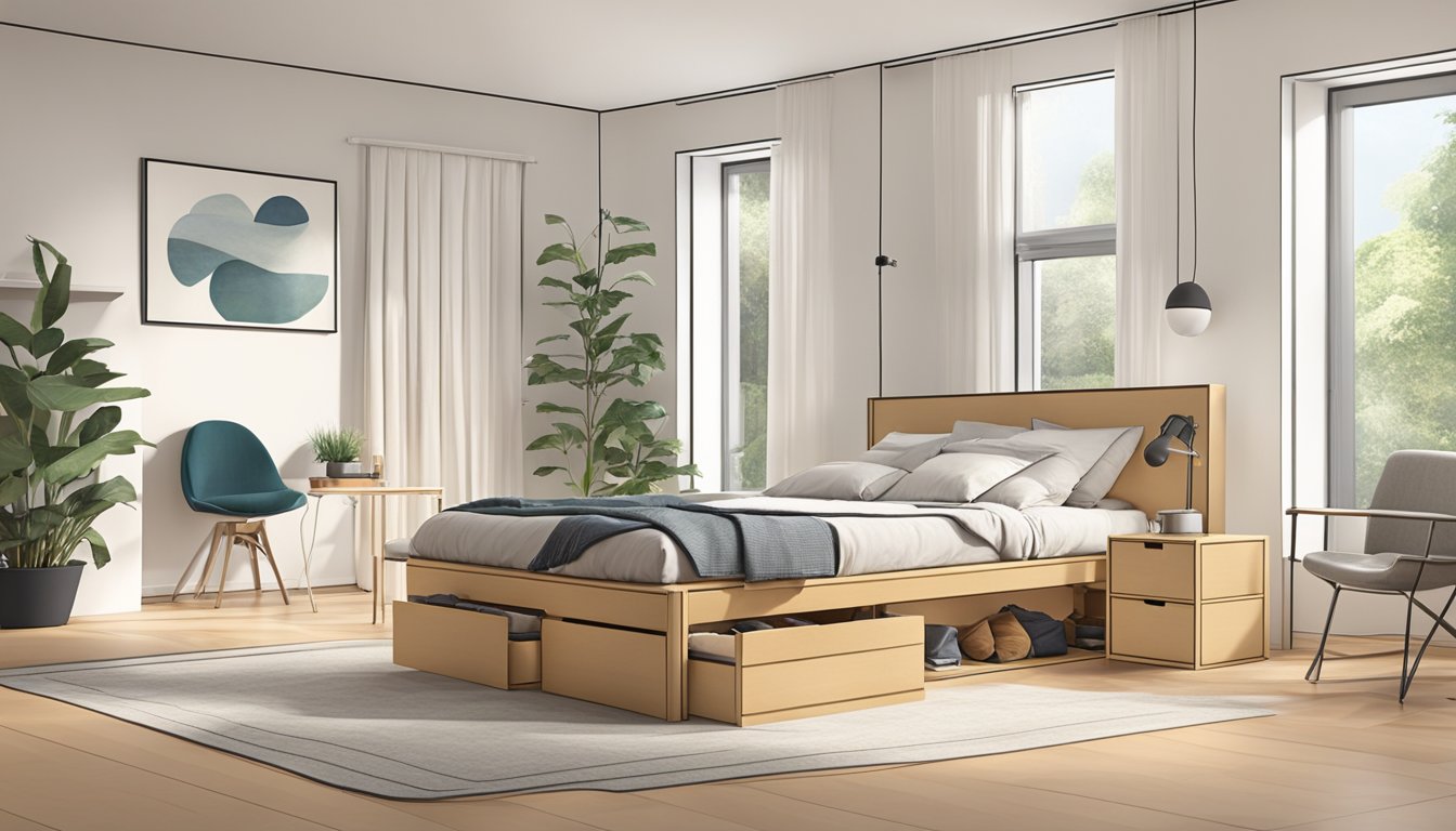 A person assembles a storage bed frame without headboard in a spacious room with natural lighting. The frame is sleek and modern, with ample space for storing belongings underneath