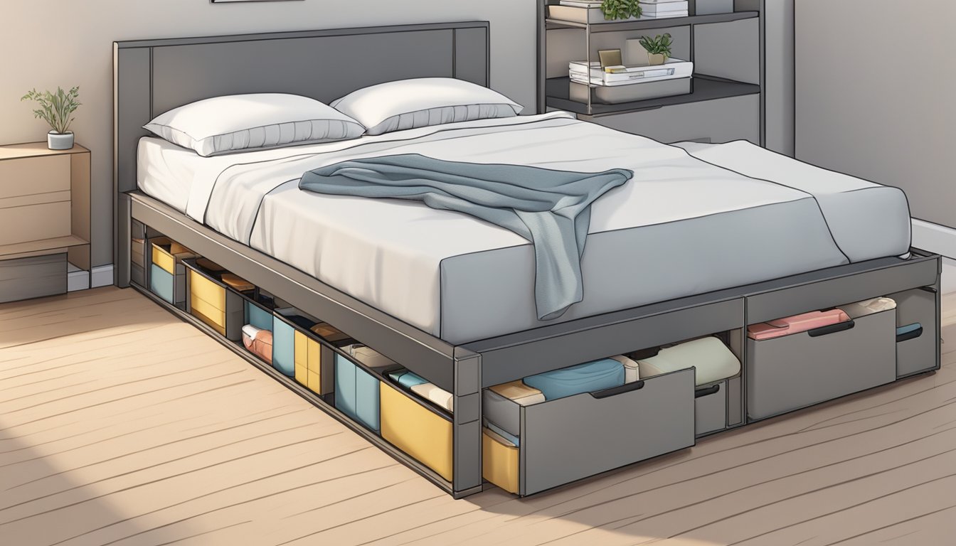 A storage bed frame with no headboard, featuring multiple compartments for organizing items underneath the mattress