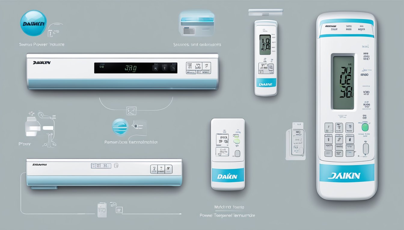 The Daikin remote displays symbols for power, mode, temperature, fan speed, and swing function