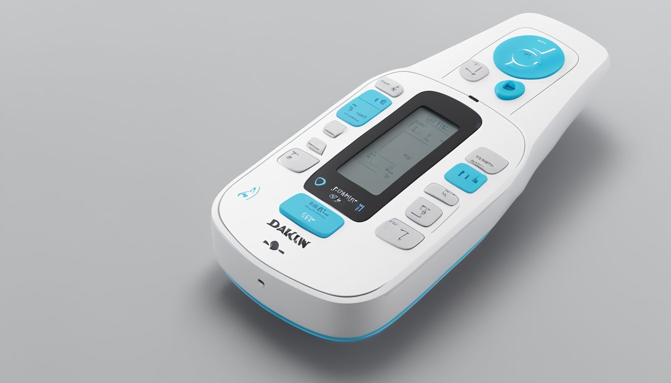 The Daikin remote sits on a clean, white surface. Symbols and buttons are clearly visible, with the Daikin logo prominently displayed