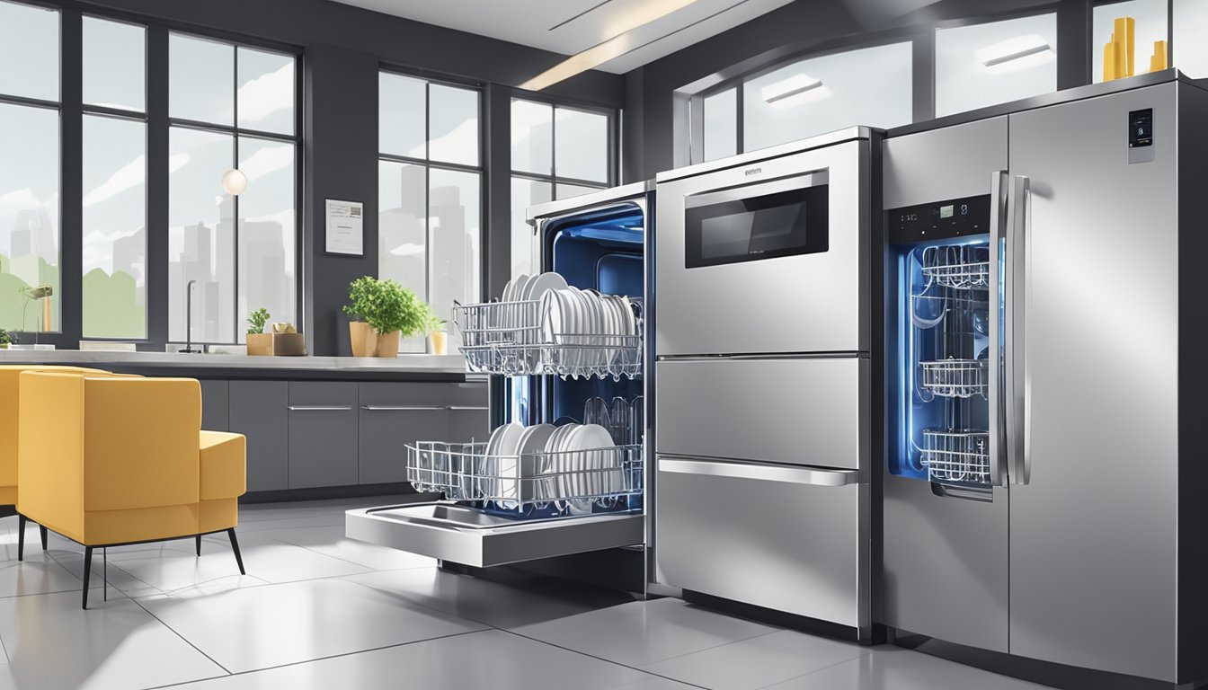 A shiny new dishwasher sits on a showroom floor, surrounded by price tags and promotional signs. Its sleek design and modern features are highlighted, enticing potential buyers