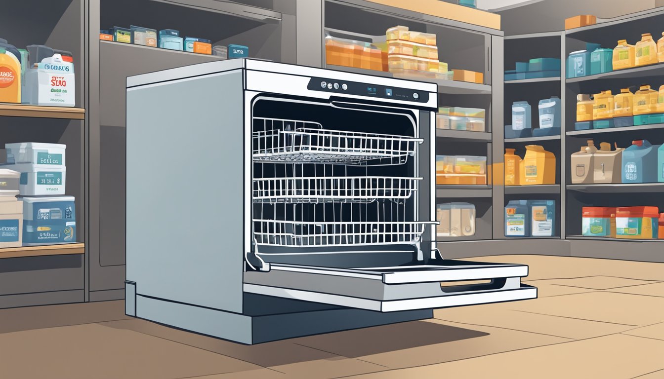 A dishwasher sits on a store shelf with a price tag displayed prominently. The surrounding products are also labeled with prices, creating a visual representation of price considerations and value