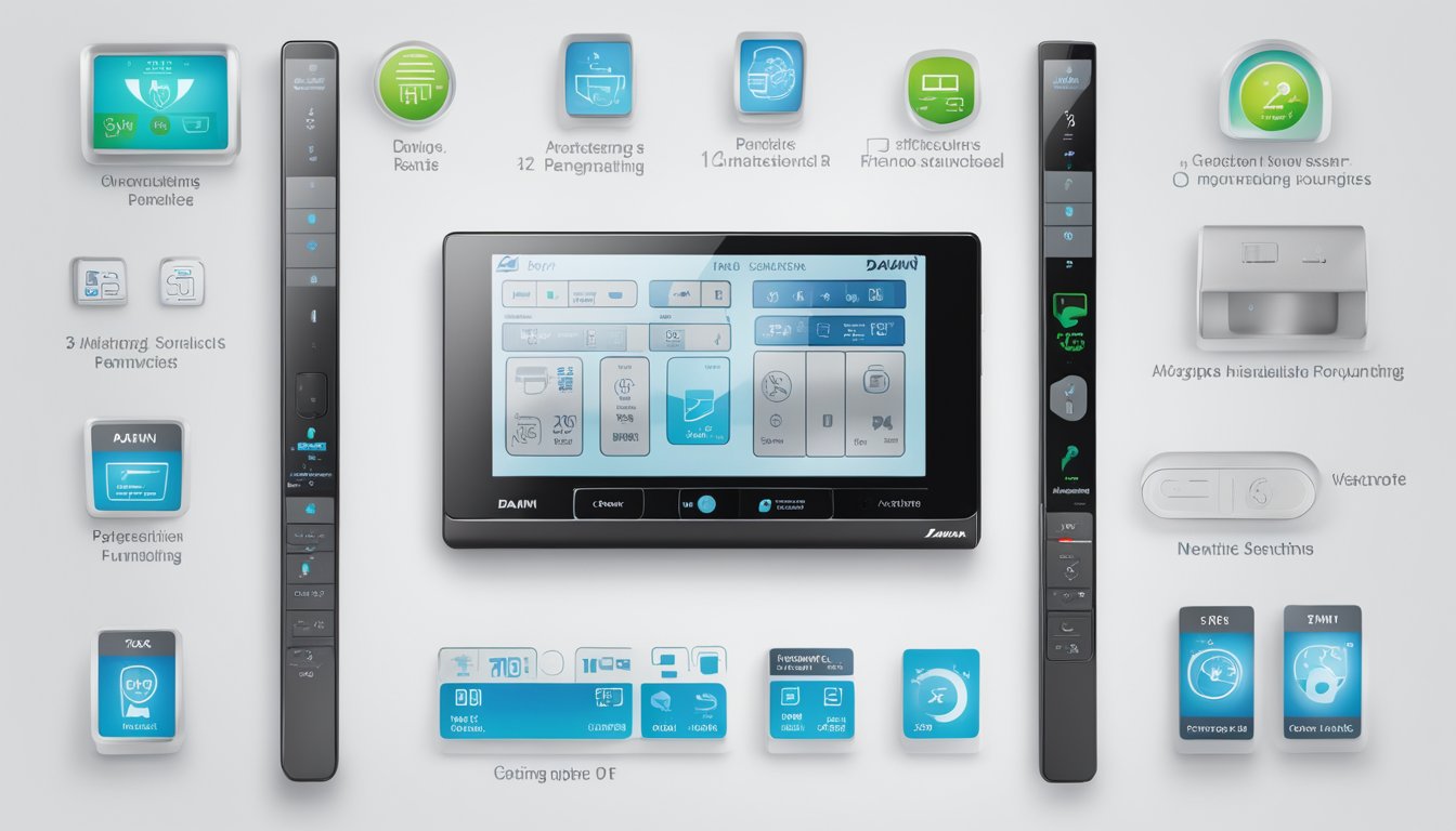 The Daikin remote symbols are displayed on a digital screen, with clear and easy-to-understand icons representing different functions and settings