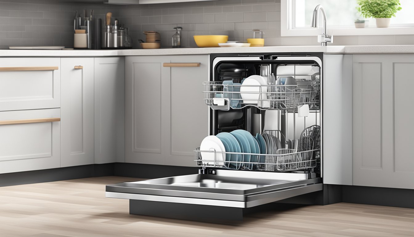 A sleek, modern dishwasher sits against a clean, white backdrop with a prominent price tag displayed prominently