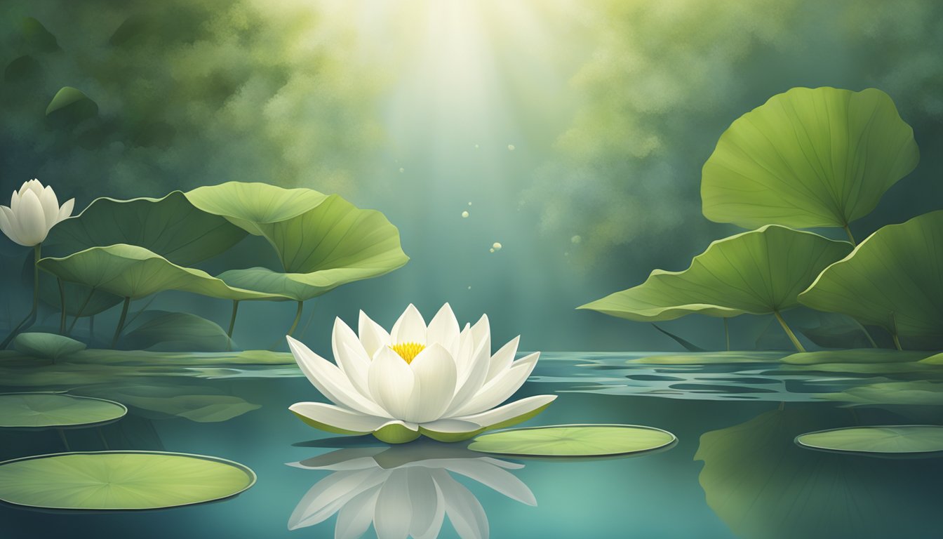 A serene, white lotus flower floating on a calm, reflective pond in a tranquil garden setting
