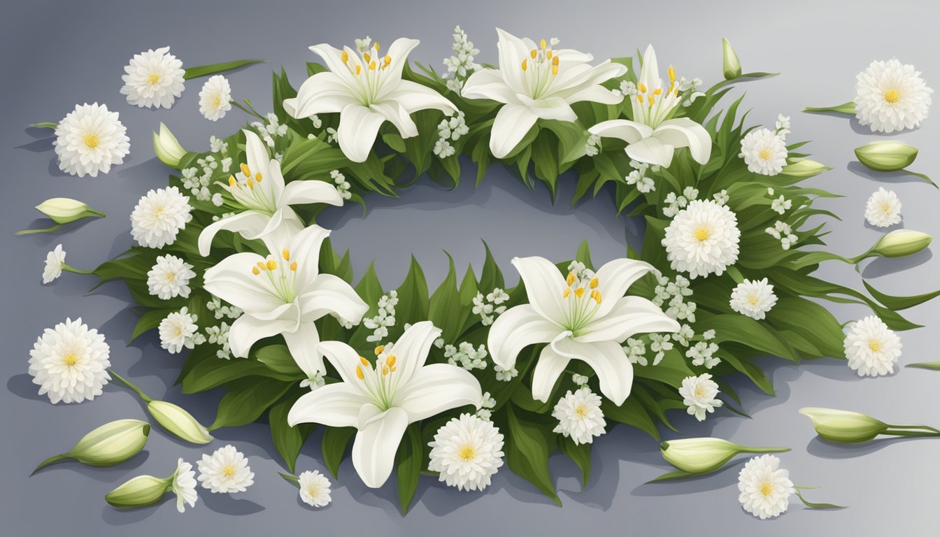 A table adorned with white lilies and chrysanthemums, symbolizing purity and grief. A traditional funeral wreath with orchids and carnations