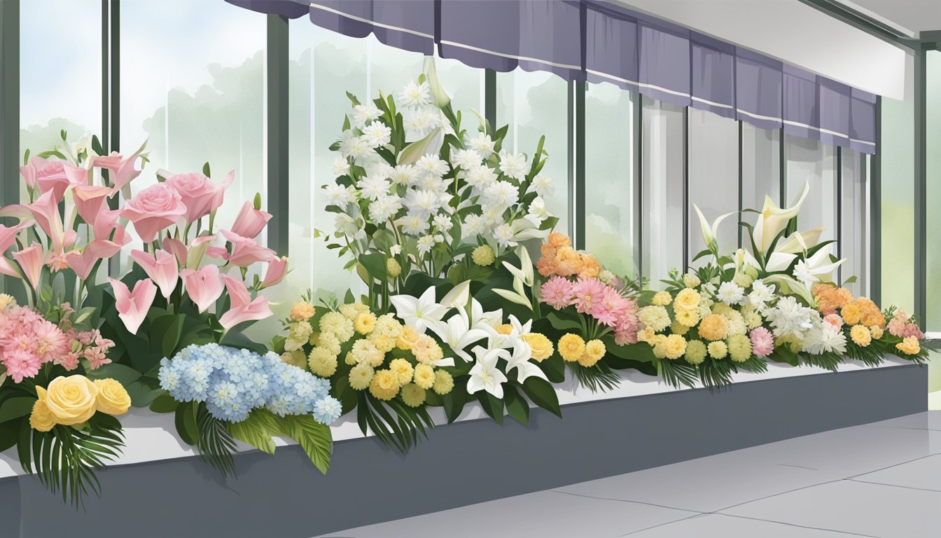A variety of funeral flower arrangements displayed in a Singaporean florist shop, with lilies, roses, and chrysanthemums prominently featured