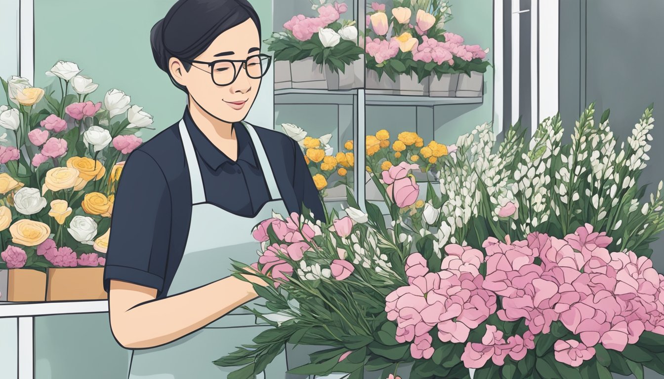 A florist carefully arranges funeral flowers in Singapore, choosing the most appropriate blooms for the somber occasion