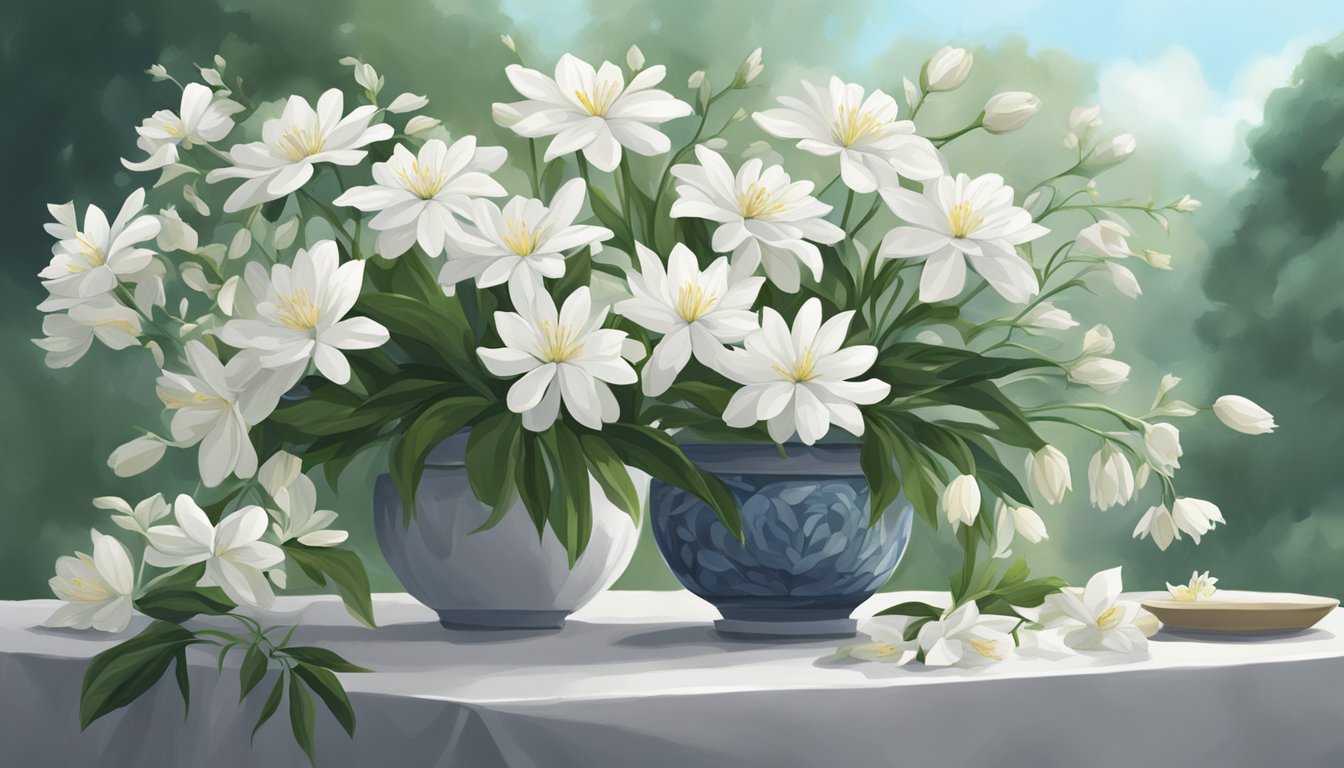 A somber scene with a variety of white flowers arranged in a tasteful and respectful manner, with a backdrop of a serene and tranquil setting in Singapore