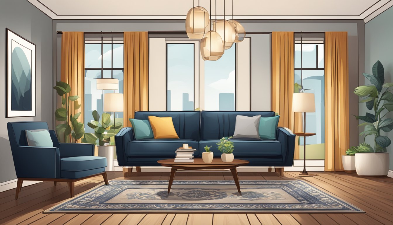 A living room with a cozy sofa, elegant coffee table, and stylish lamps. A rug adds warmth to the hardwood floor. Sale signs adorn the furniture