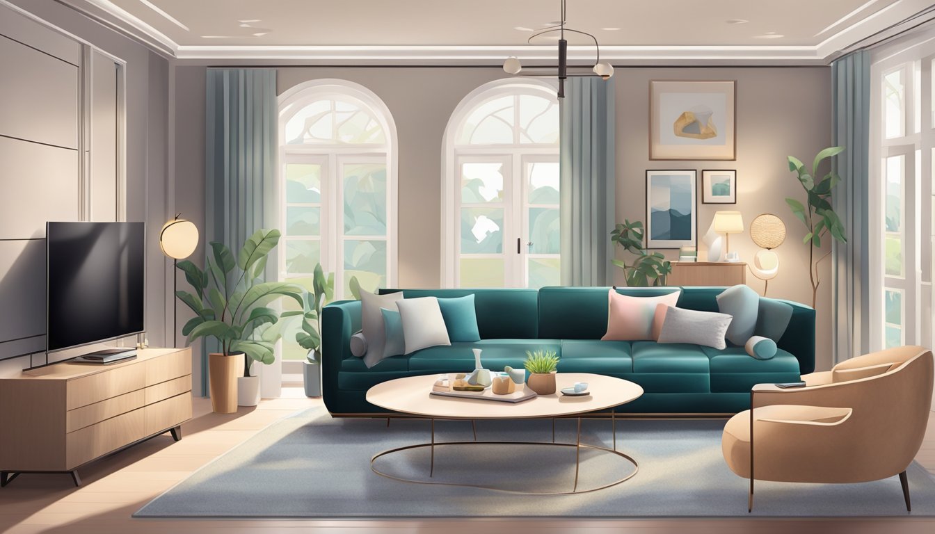 A cozy living room with a plush sofa, coffee table, and soft rug. A sleek dining area with a modern table and chairs. A stylish bedroom with a comfortable bed, nightstands, and a chic dresser