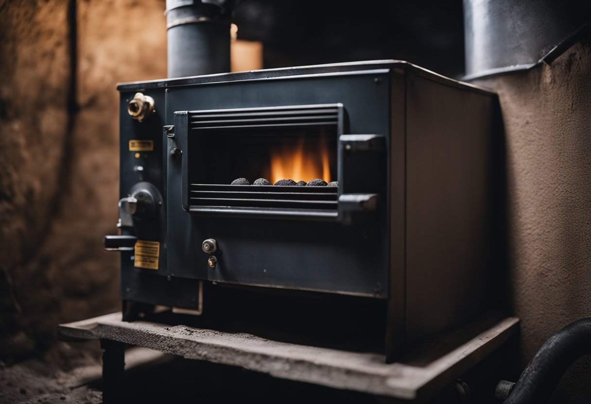 An old, malfunctioning furnace sits in a dark, dusty basement. Smoke billows from the vents as the outdated model struggles to heat the space