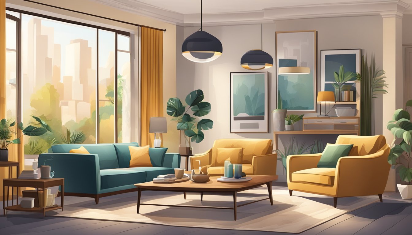 A living room with a variety of home furniture on sale, including sofas, coffee tables, and chairs. Bright lighting and a welcoming atmosphere