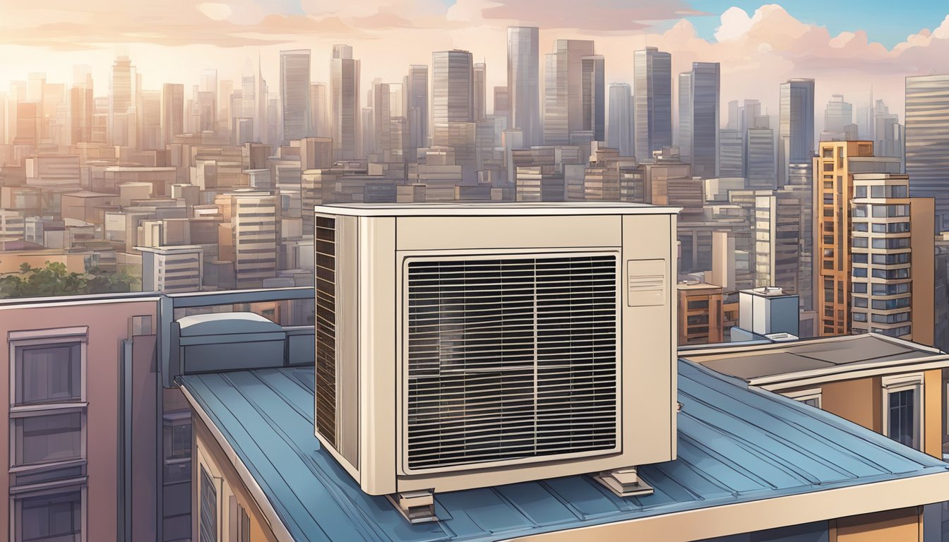 The tower aircon hums on the rooftop, surrounded by cityscape