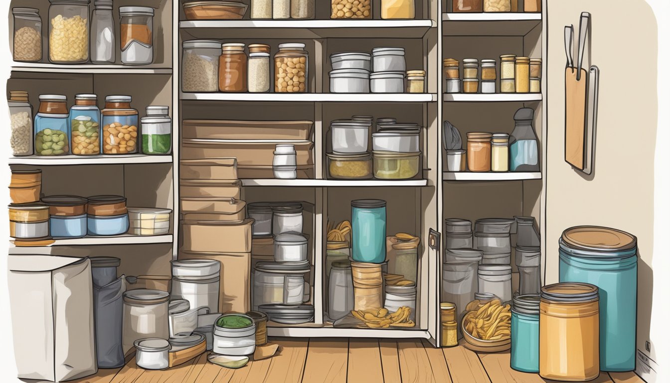 A cluttered pantry with shelves stocked with canned goods, boxes of pasta, and assorted dry goods. A step stool and broom in the corner