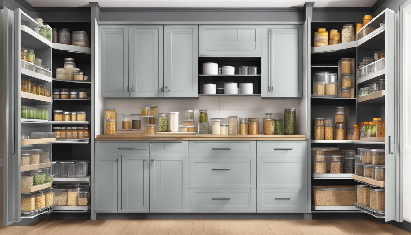 A spacious, organized kitchen pantry with built-in shelves, pull-out drawers, and ample storage for dry goods, canned goods, and kitchen essentials