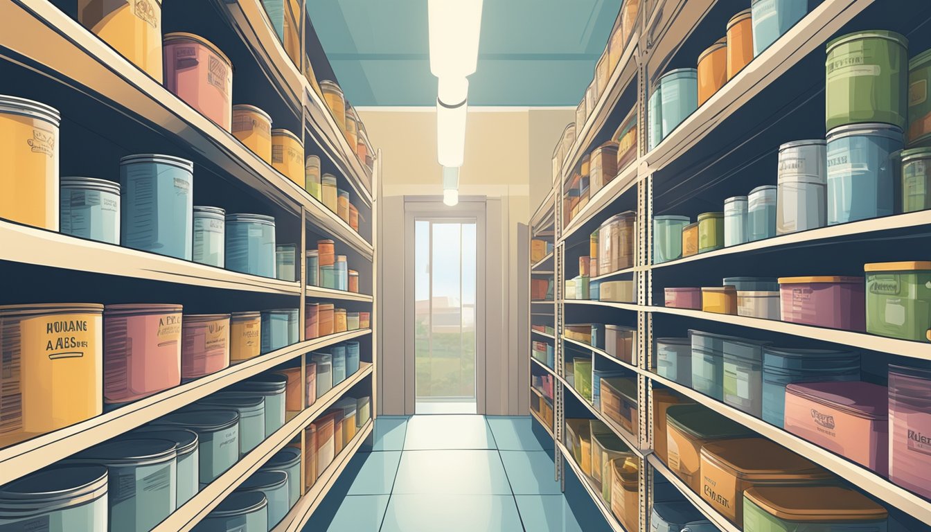 Cans and boxes neatly arranged on shelves in a well-lit pantry. Labels facing forward, creating a clean and organized space