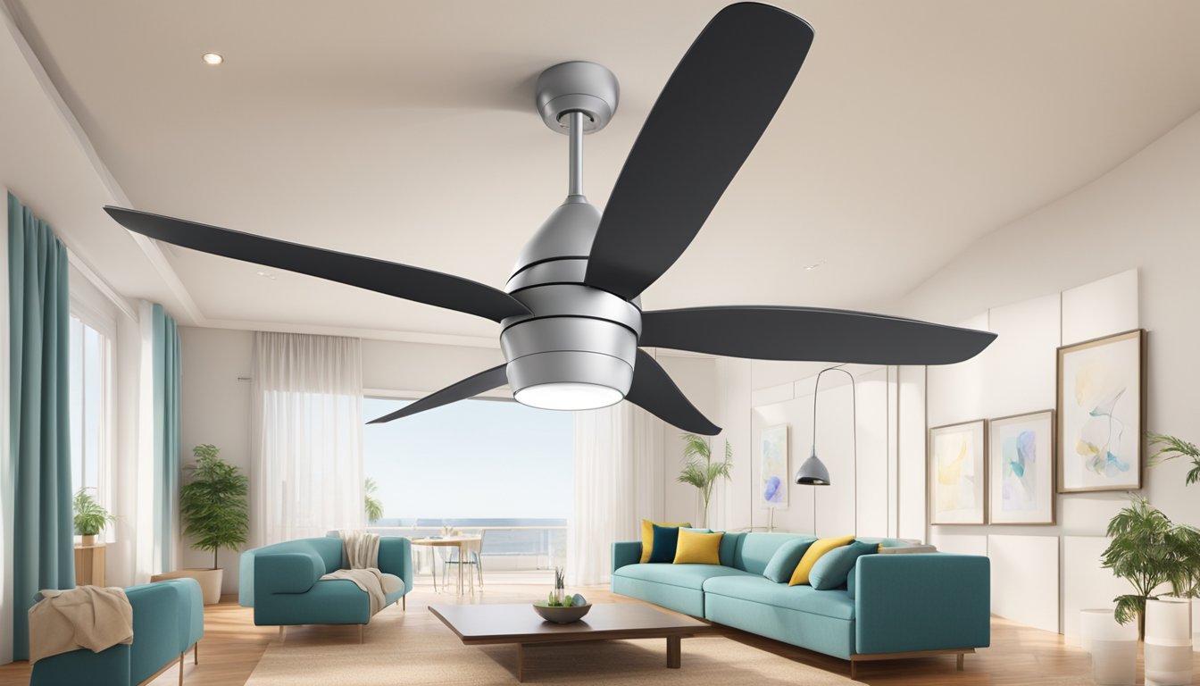 A sleek, modern ceiling fan rotates silently as it circulates cool air throughout a spacious, well-lit room