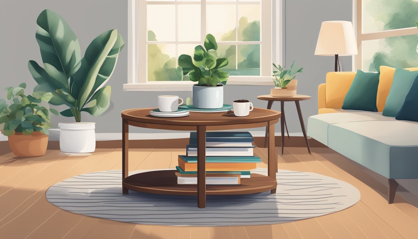 A small coffee table, 24 inches in diameter, sits in a cozy living room with a stack of books and a potted plant on top