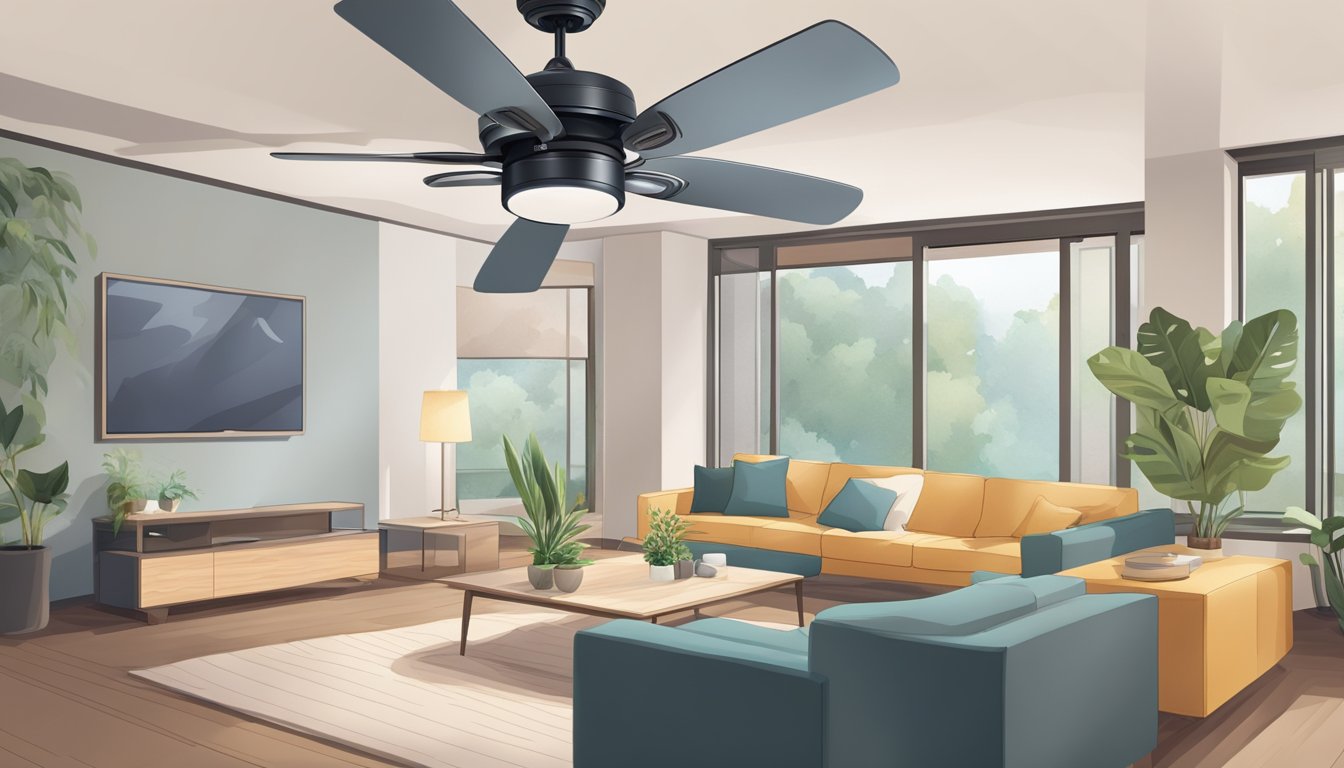 A hand reaches up to adjust the speed dial on a sleek, modern ceiling fan, as it spins quietly above a cozy living room