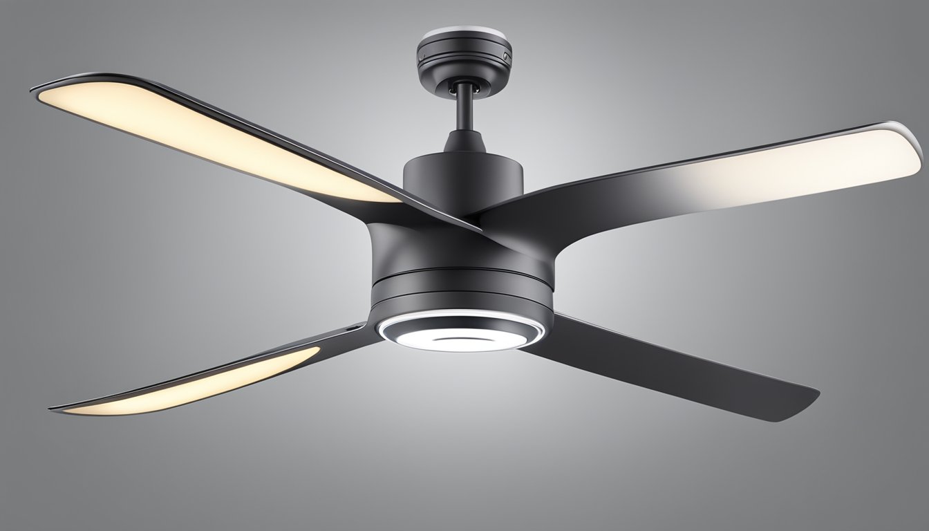 A modern ceiling fan with sleek blades and LED lighting, showcasing innovative remote control technology for adjustable speed and direction