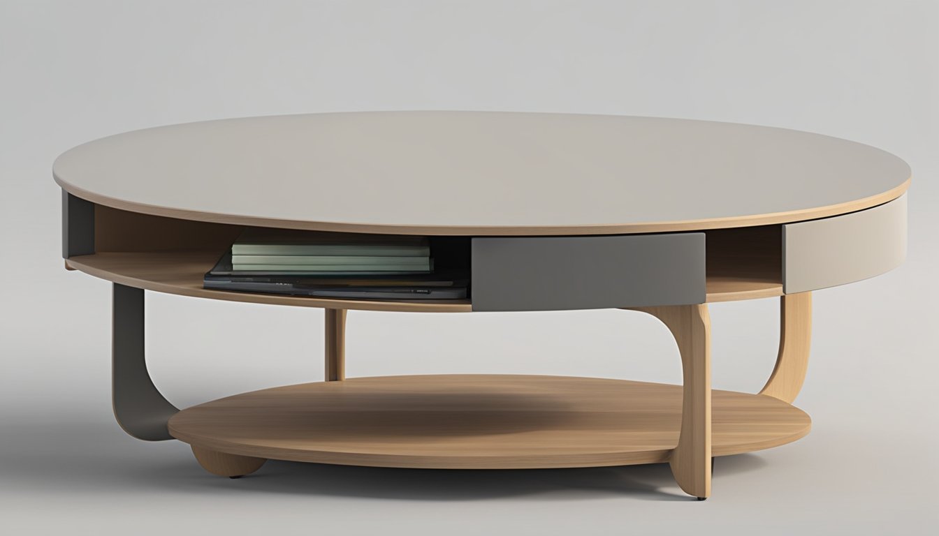 A small coffee table, 24 inches in diameter, with a sleek, minimalist design. It is made of light wood and features a lower shelf for additional storage