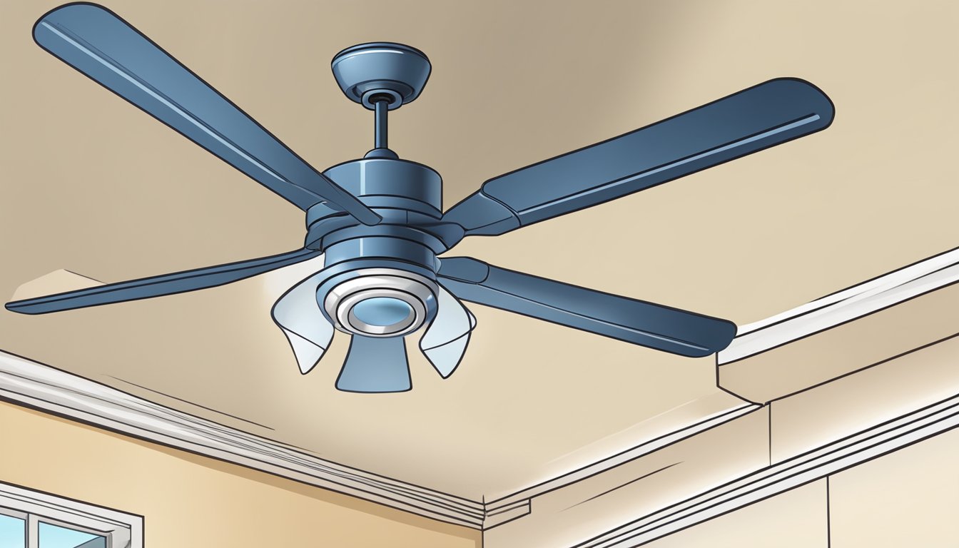 A ceiling fan rotating above a room with a FAQ list about the best cooling features