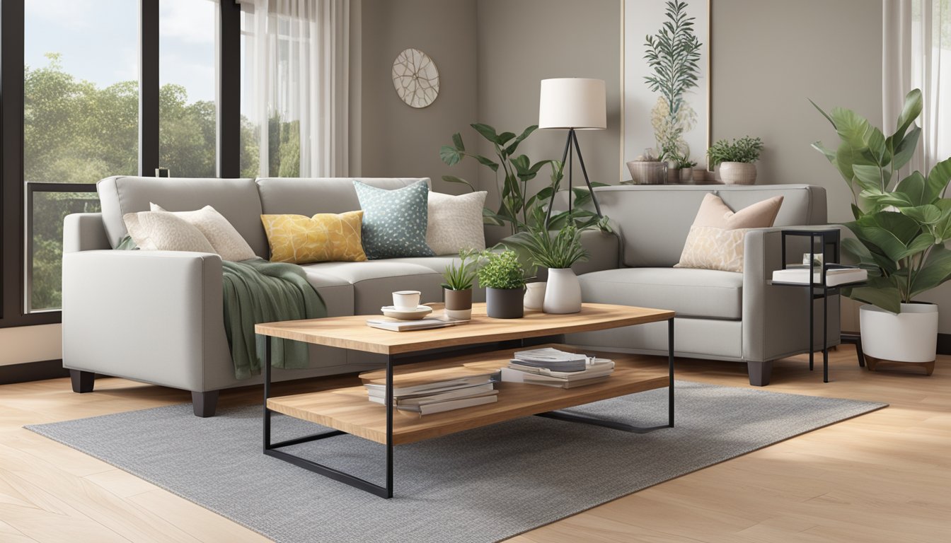 A small coffee table with dimensions of 24 inches in width, 36 inches in length, and 18 inches in height, placed in a cozy living room setting