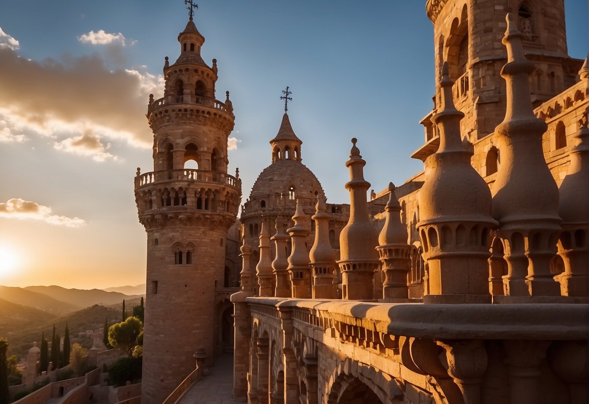 The sun sets behind the intricate spires and towers of Castillo de Colomares, casting a warm glow over the ornate architecture