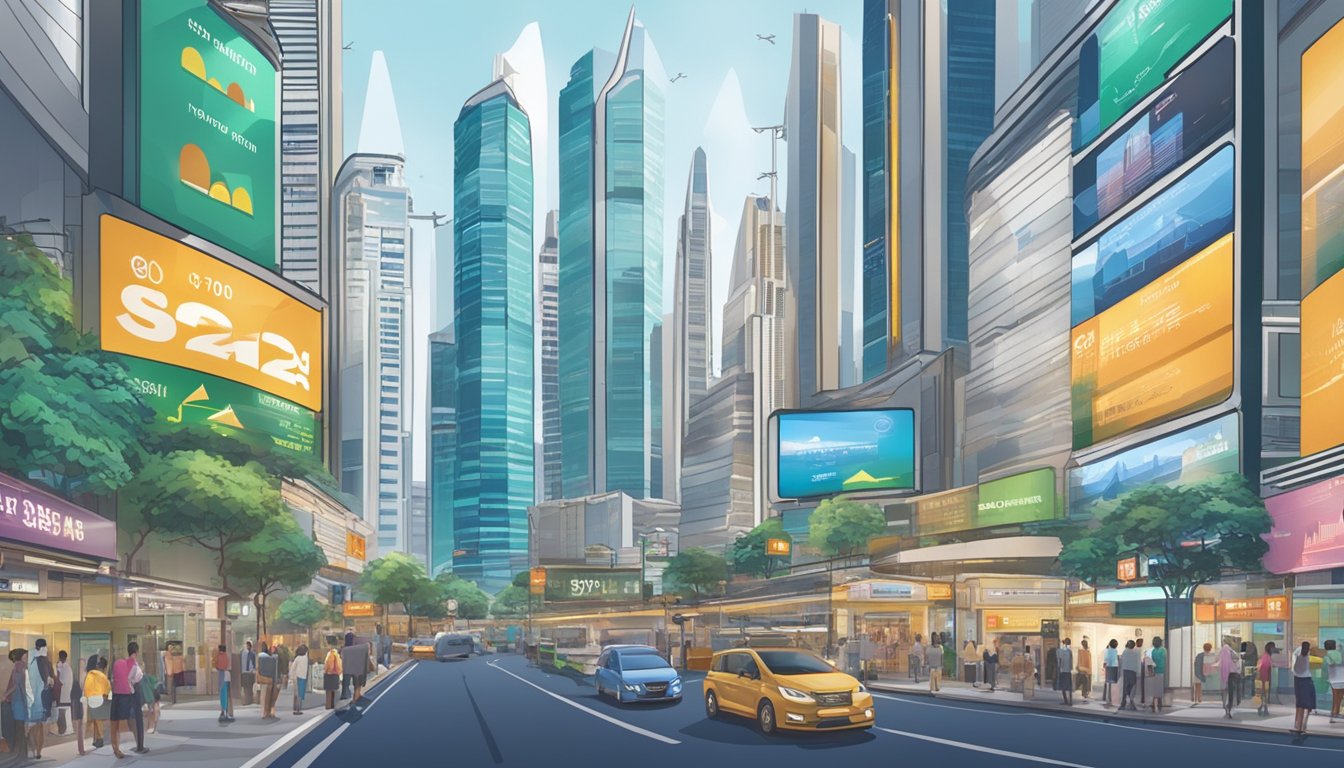 A bustling Singapore cityscape with iconic skyscrapers and stock market indicators displayed on digital billboards. The scene exudes wealth and opportunity, illustrating the concept of earning passive income through stock investments